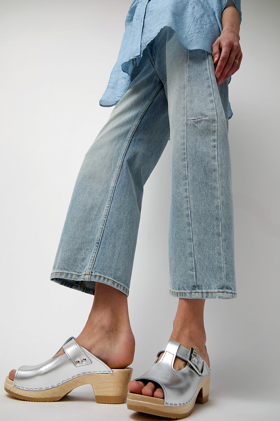 No.6 T Strap Clog on Mid Heel in Silver