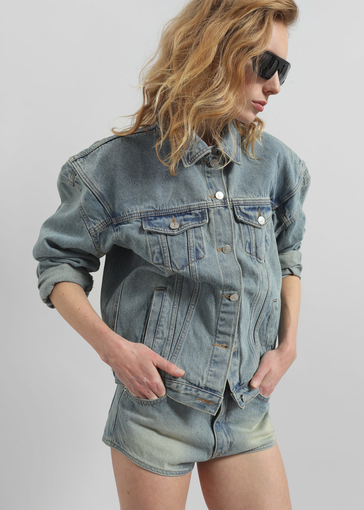 Ceylon Sharp Shoulder Denim Jacket - Light Wash