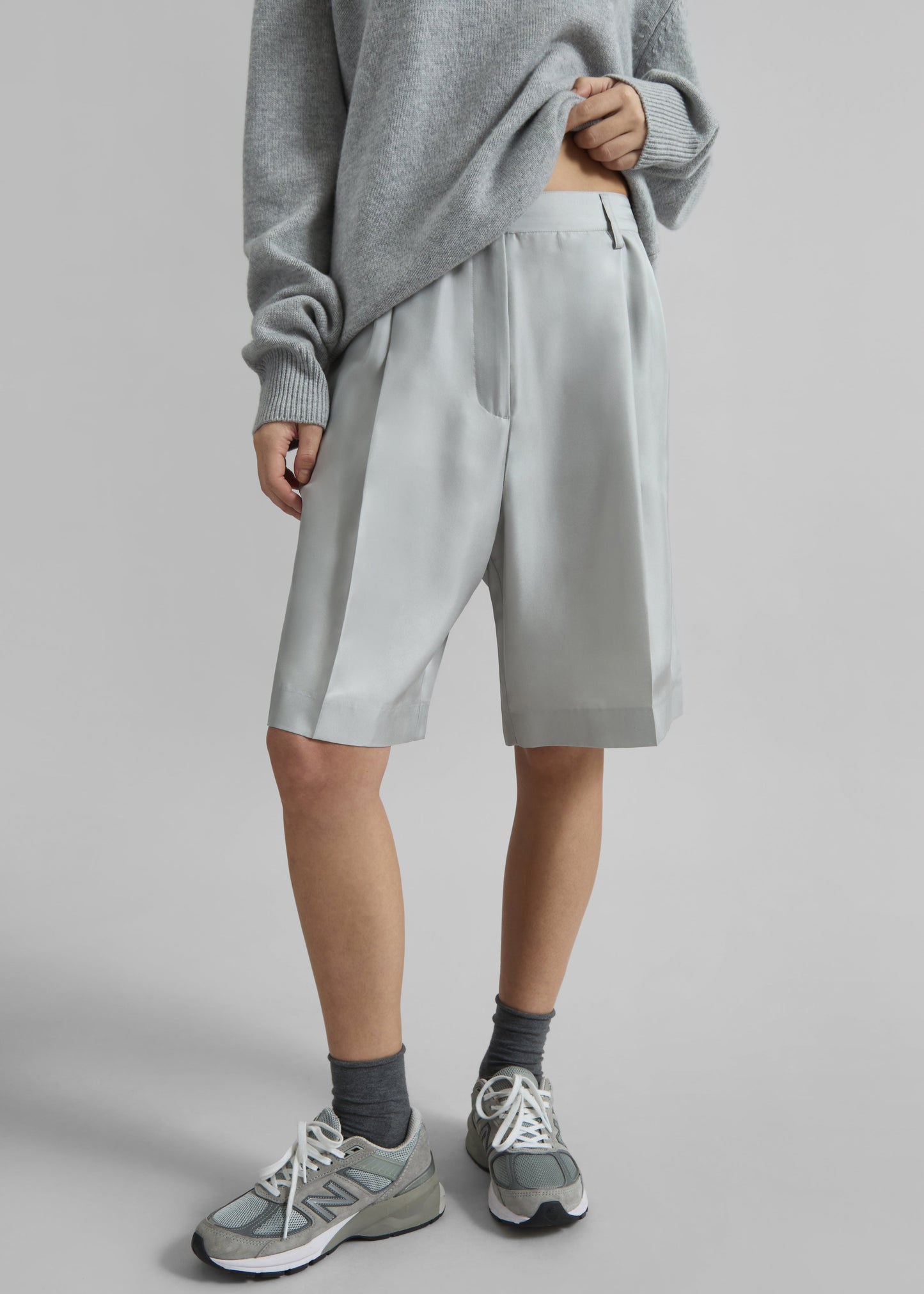 Marfa Pleated Silk Bermuda Shorts - Grey