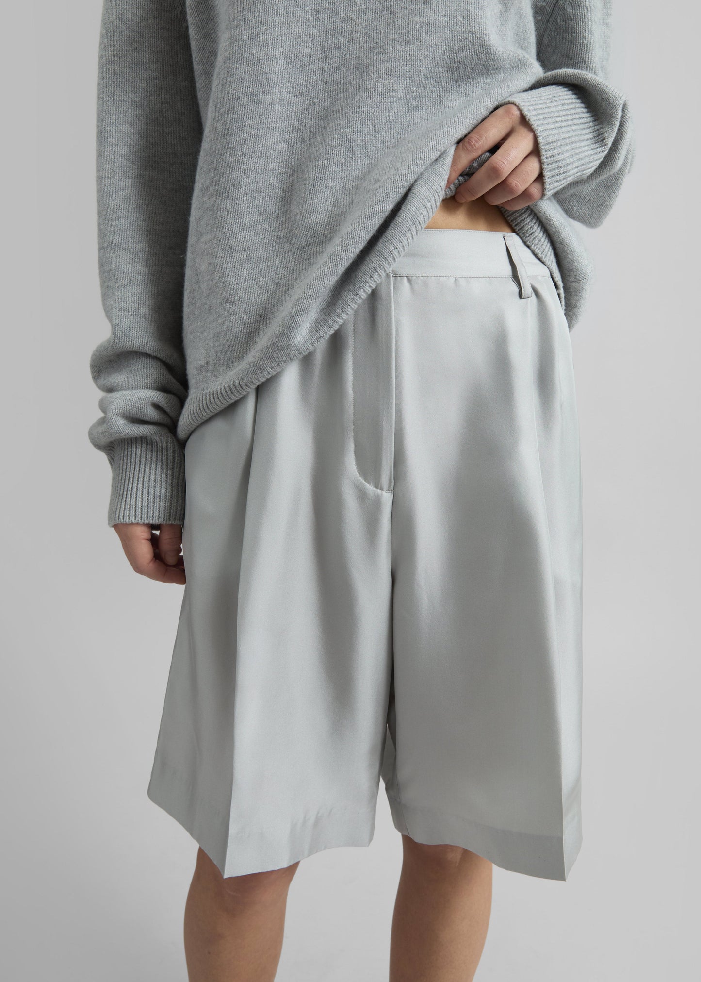 Marfa Pleated Silk Bermuda Shorts - Grey